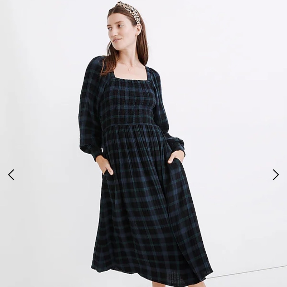 Madewell Lightspun Lucie Long-Sleeve Smocked Midi Dress in Livonia Plaid